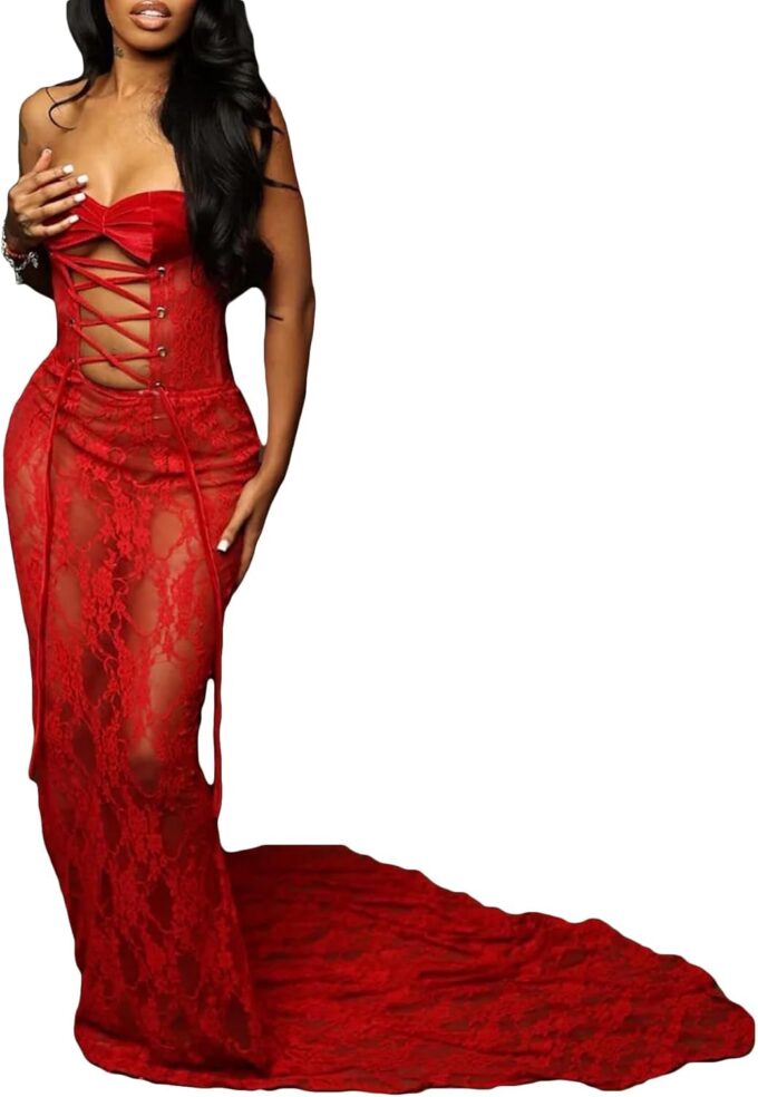 Sexy Strapless Lace Maxi Dress See Through Sleeveless Bodycon Tube Sheer Mermaid Dress Evening Party Gowns Dresses