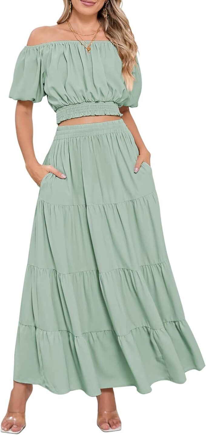 HUUSA 2025 Summer 2 Piece Boho Outfits for Women Short Sleeve Off Shoulder Crop Top and High Waist Flowy Long Skirt Set