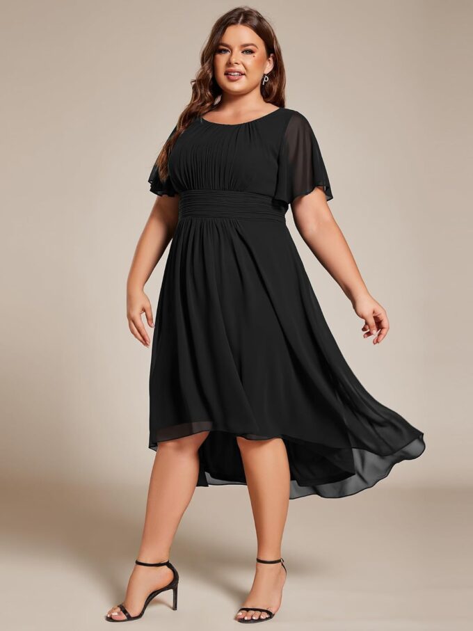 Ever-Pretty Women's A Line Crew Neck Short Sleeves Pleated Elastic Back Chiffon Midi Plus Size High Low Wedding Guest Dresses – Bild 3