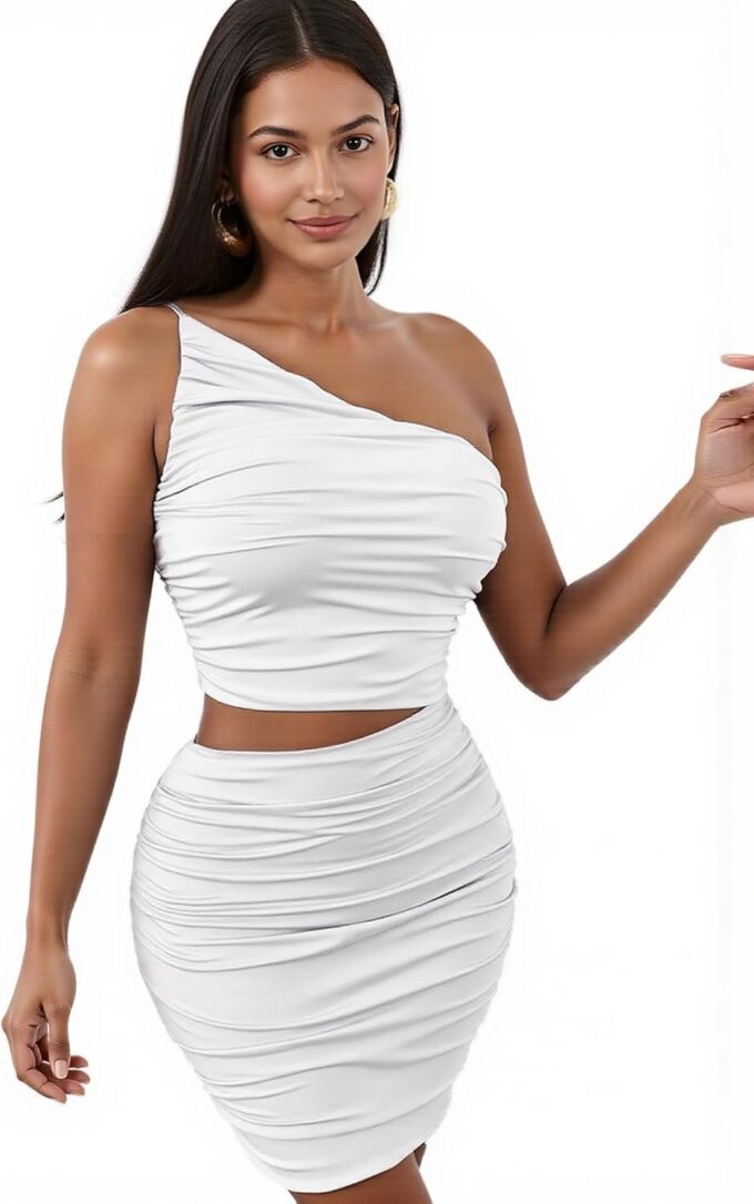 Womens One Shoulder Ruched Cutout Sleeveless Bodycon Dresses Slant Shoulder Stretch Cocktail Party Mini Dresses