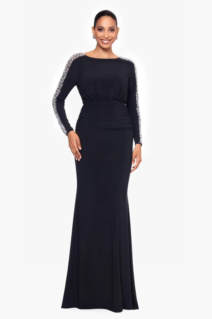Betsy & Adam Women's Long Embellished Sleeve Ruched Waist Evening Gown with Keyhole Back Detail – Bild 2