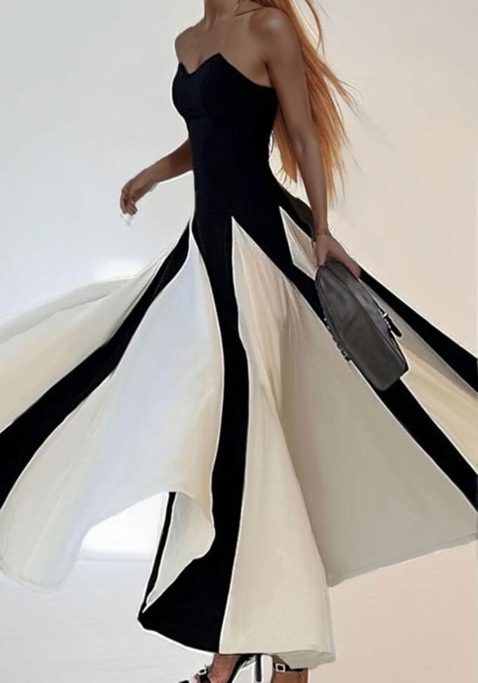 Unybwonn Wedding Guest Dresses for Women Elegant Patchwork Pleated Swing Long Dress Color Block Formal Flowy Maxi Dress – Bild 5