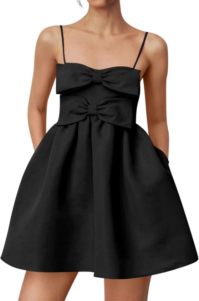 Yousify Womens Cute Bow Mini Dresses Summer Spaghetti Strap A Line Backless Smocked Babydoll Party Dress