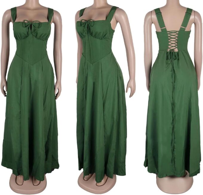 Women Summer Milkmaid Corset Dress Spaghetti Strap Bustier A Line Slit Swing Flowy Dress Casual Beach Vacation Sundress – Bild 3