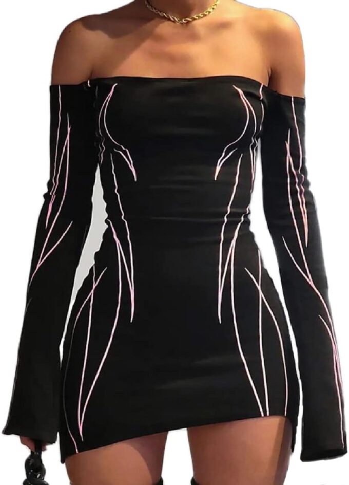 Aopwsrlyi Women Sexy Off Shoulder Long Sleeve Mini Bodycon Dress Y2K Print Asymmetrical Hem Dresses Party Clubwear