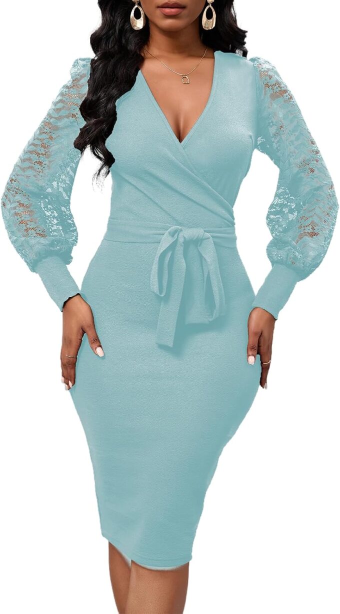 Womens Sexy Wrap V Neck Lantern Lace Long Sleeve Bodycon Midi Dress Semi Formal Cocktail Party Dresses – Bild 5