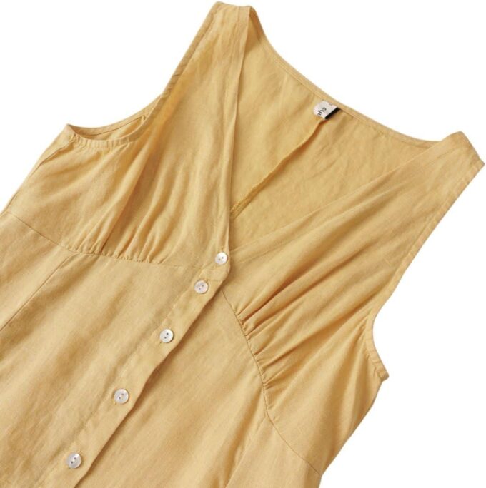 Amazhiyu Womens 100% Linen V Neck Sleeveless Button Down Midi Dress with Pockets – Bild 4