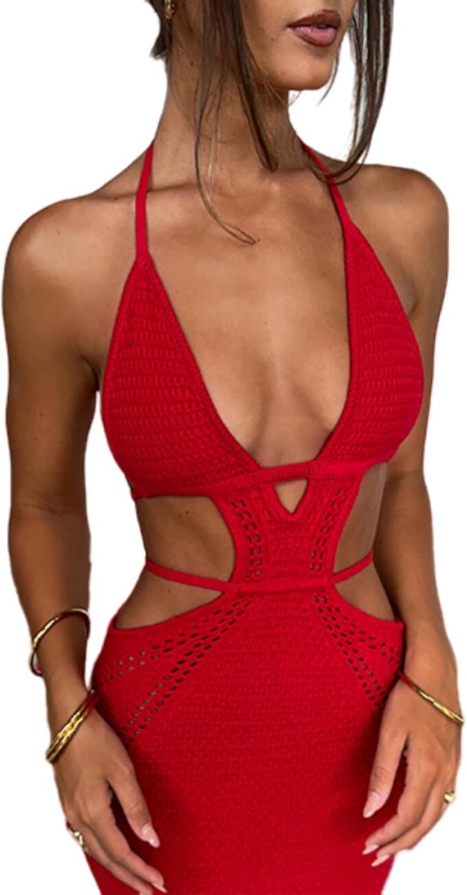 Women's Sexy Halter Hollow Out Knitted Mini Dress Sleeveless Backless Lace Up Bodycon Summer Beach Dress – Bild 6
