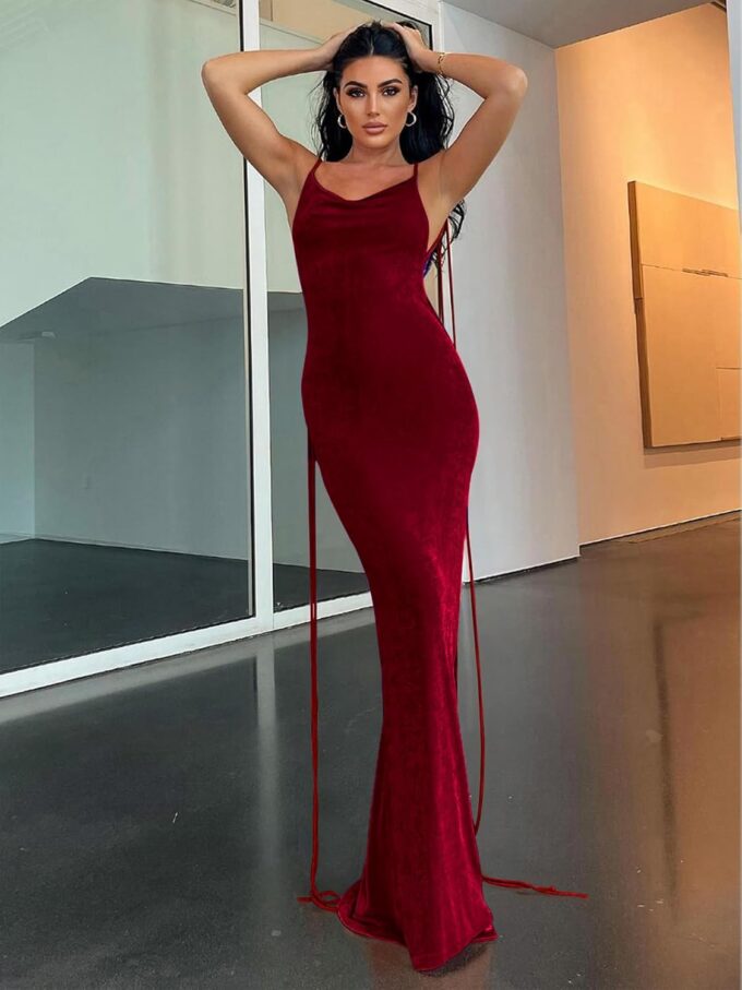 Womens 2025 Summer Backless Bodycon Maxi Dress Spaghetti Strap Halter Formal Cocktail Dresses Wedding Guest – Bild 3