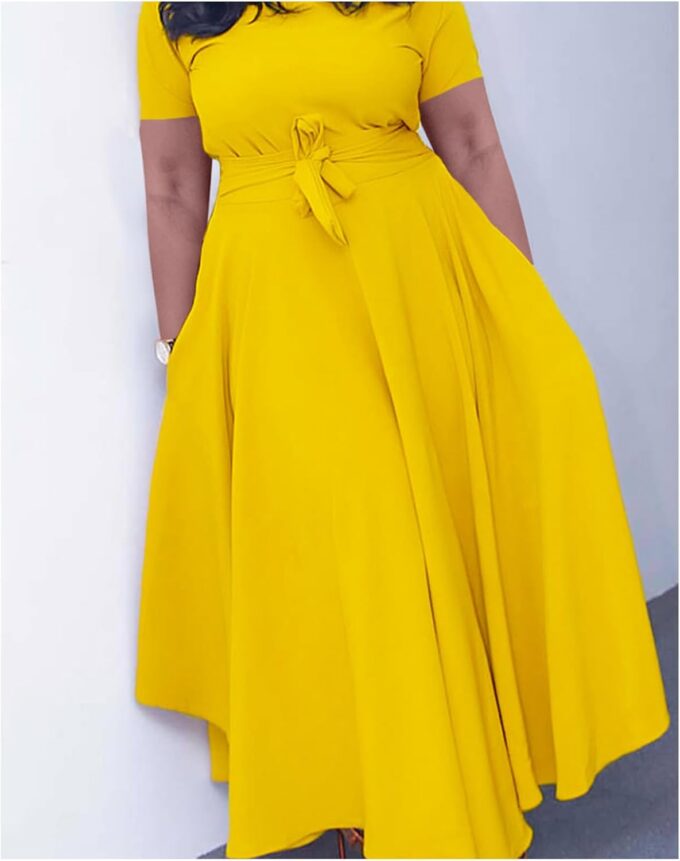 SEMATOMALA Damen-Maxikleid in A-Linie, selbstbindend, Rundhalsausschnitt, 3/4-Ärmel, hohe Taille, Übergröße, Swing-Flare, lange Kleider – Bild 3