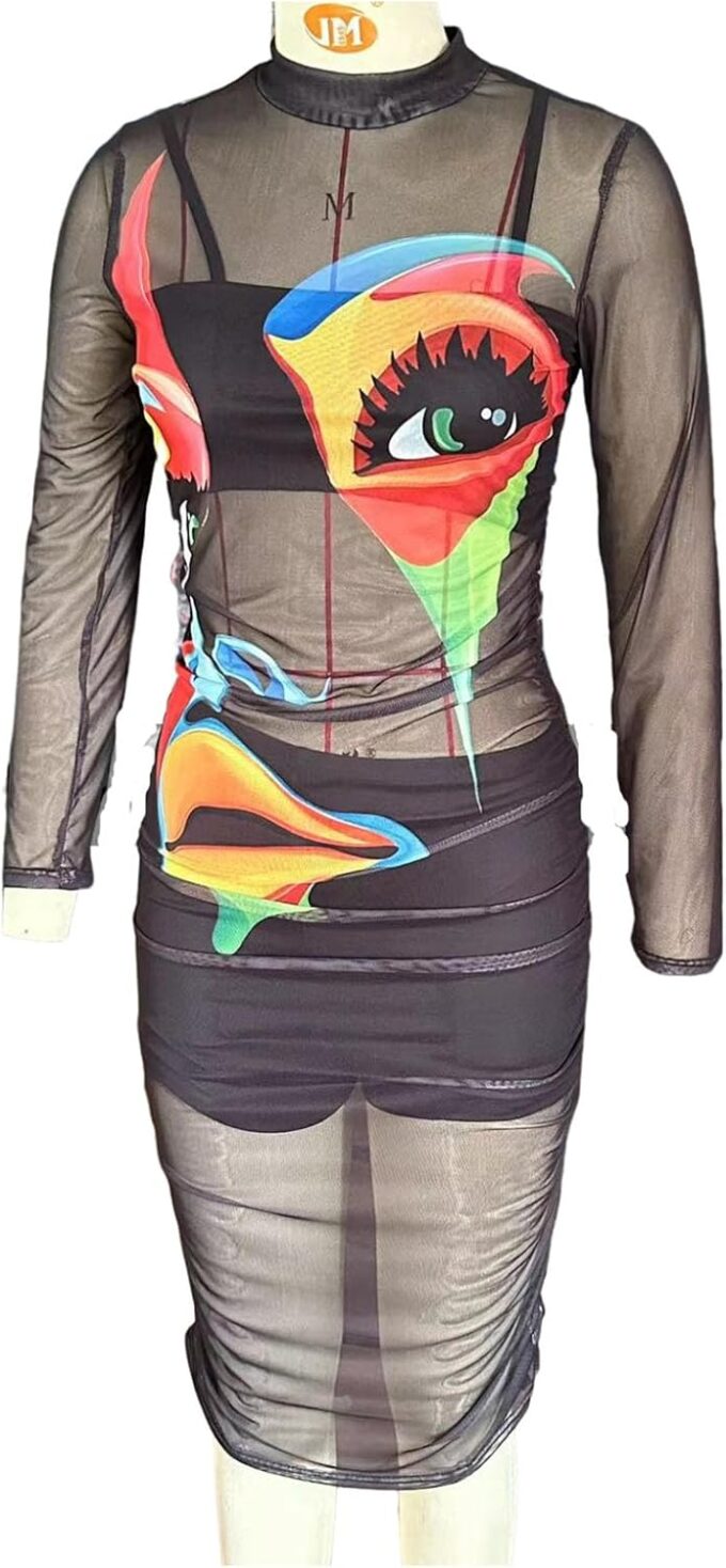 Women Sexy 3 Piece Outfits Set See Through Print Long Sleeve Midi Dress Sheer Mesh Crop Tank Tops Bodycon Skirt – Bild 4