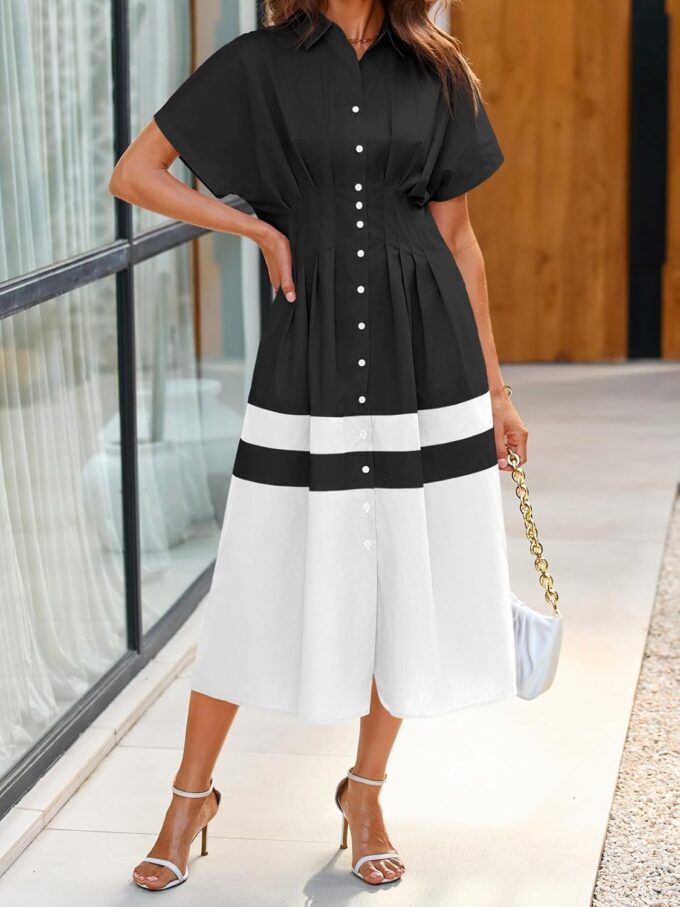 Wenrine Womens Summer Button Down Shirt Dress Casual Color Block V Neck Short Sleeve Corset Maxi Dresses – Bild 4
