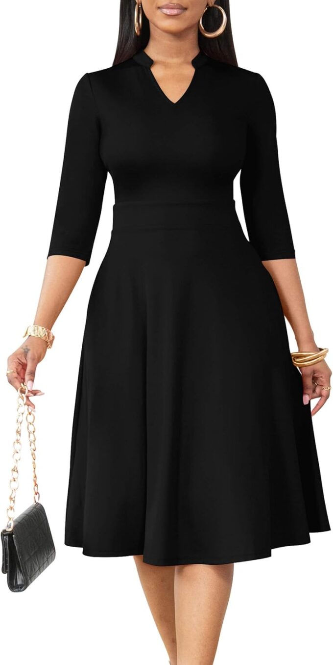 AOMONI Kirchenkleider für Damen, 3/4-Ärmel, Passform und ausgestellt, Kirchenkleid, knielang, Midi-Kleider