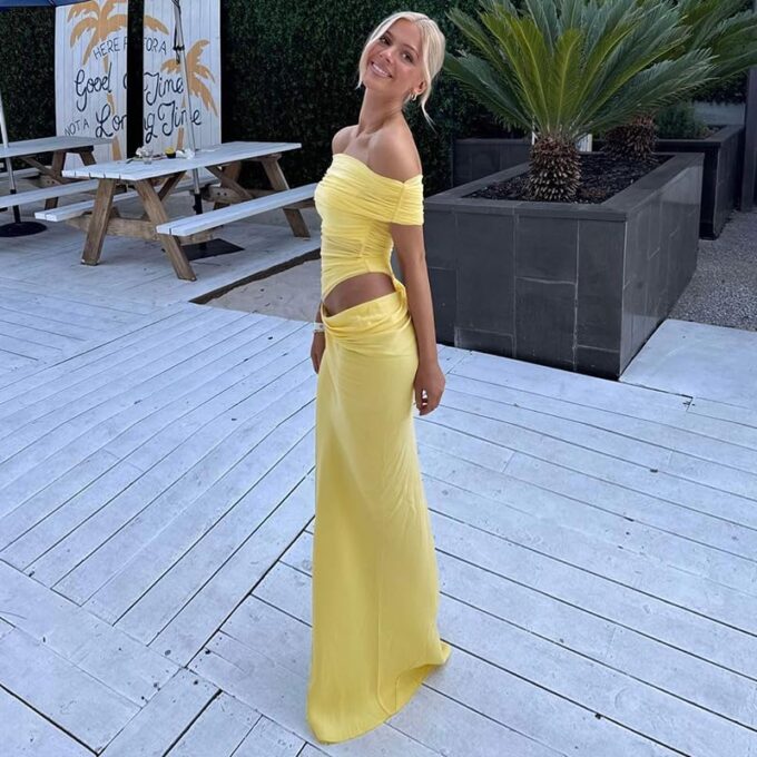Women Off Shoulder Bodycon Maxi Dress Layered Mesh Ruched Hollow Out Party Formal Wedding Guest Dresses for Party – Bild 3