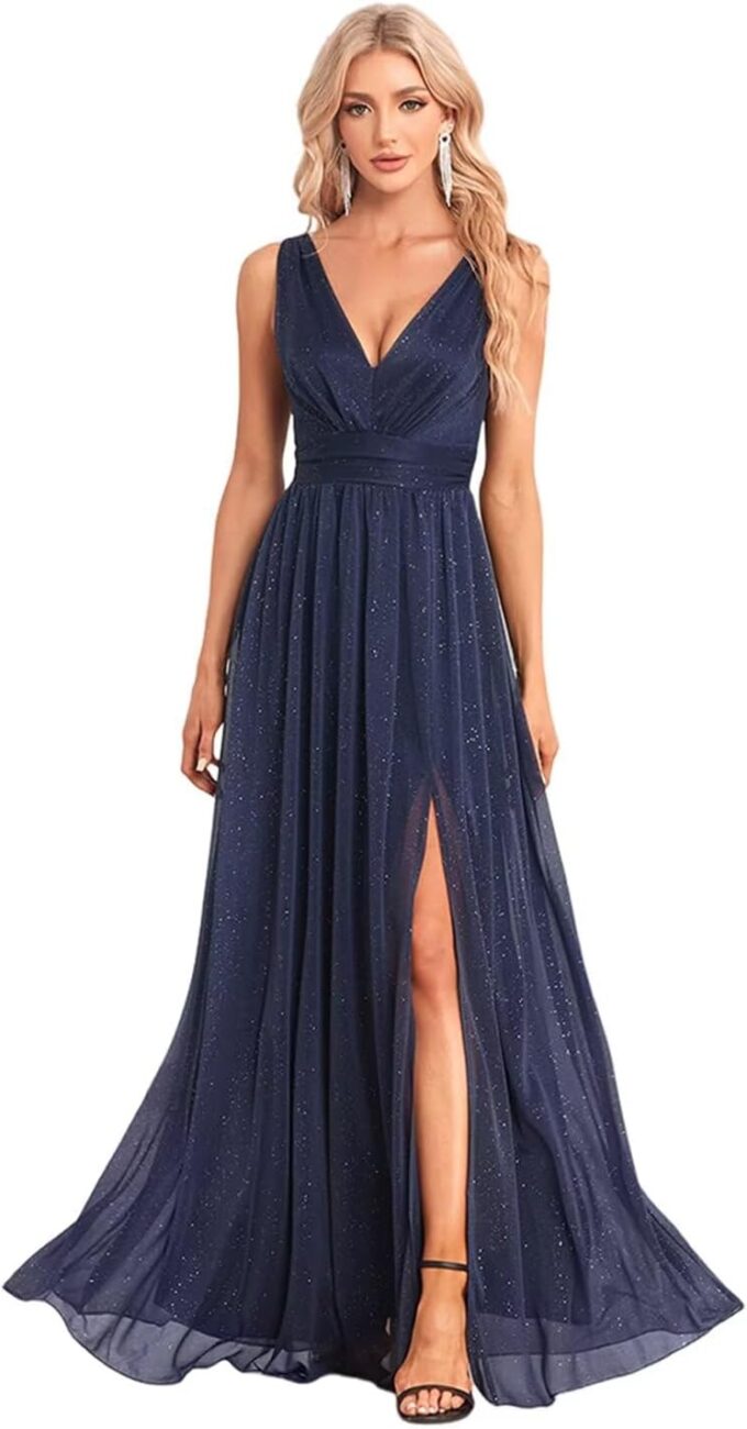 Long Glitter Tulle Evening Gowns with Slit A Line Sleeveless Formal Dress for Women LNR002