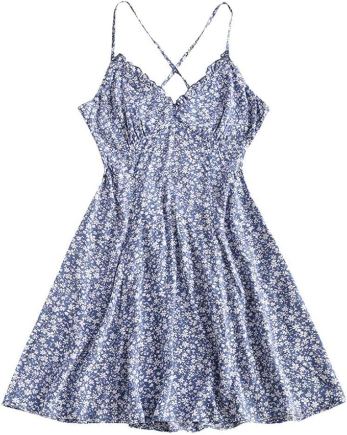ZAFUL Women's Spaghetti Strap Ditsy Floral Mini Dress V-Neck Cross Back Ruched Frilled A-Line Dresses – Bild 5