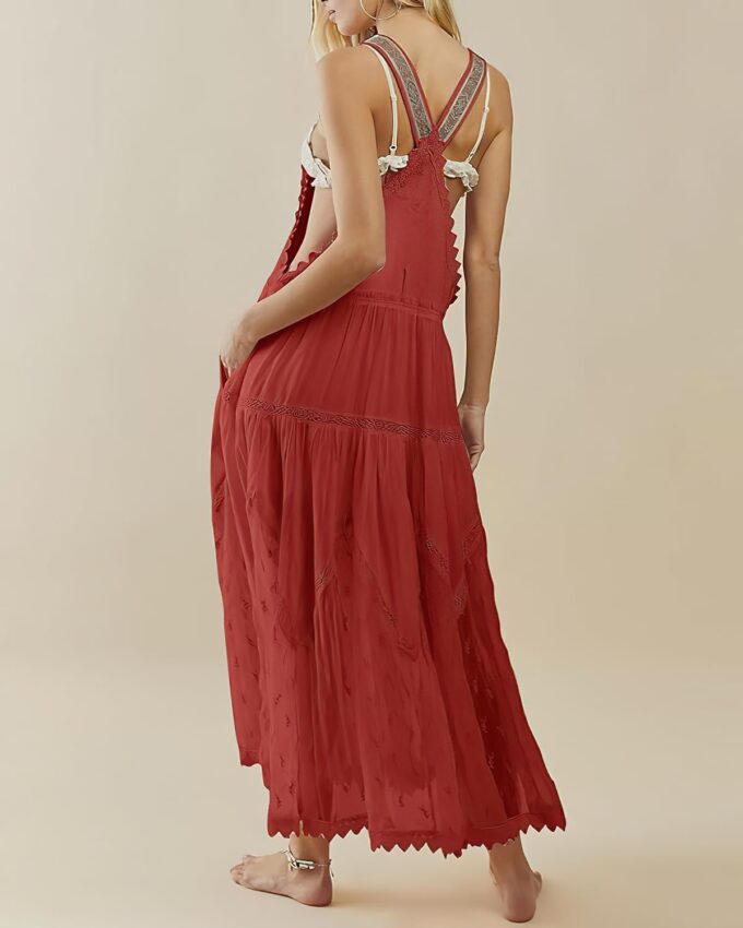 ebossy Women's Laced Embroidered Tulle Bib Dress Casual Loose Adjustable Straps Maxi Dress – Bild 2
