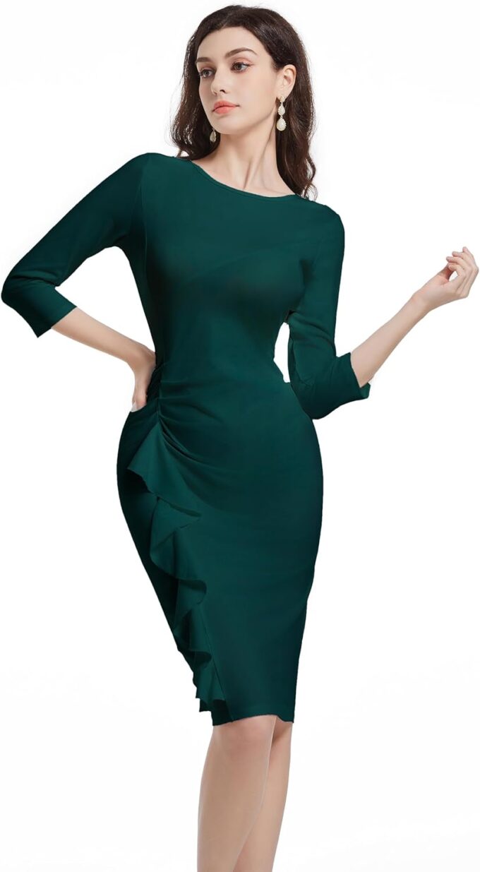 pnpednde Damen-Bleistiftkleid, Vintage-Stil, 3/4-Ärmel, Rundhalsausschnitt, gerüscht, figurbetontes Arbeitskleid – Bild 2