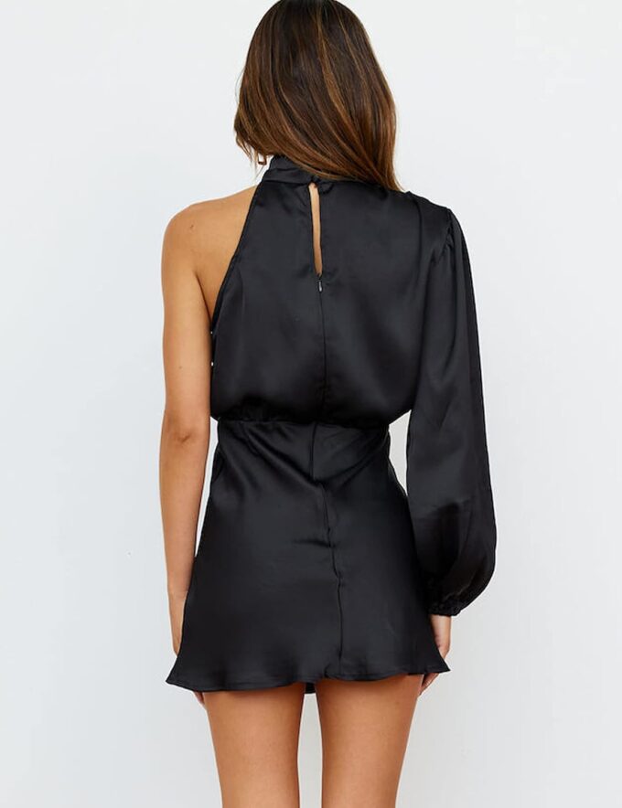 Women's Satin Long Sleeve One Shoulder Mini Dress Silk One Sleeve Turtle Neck Cut Out Cocktail Short Dress for Women – Bild 2