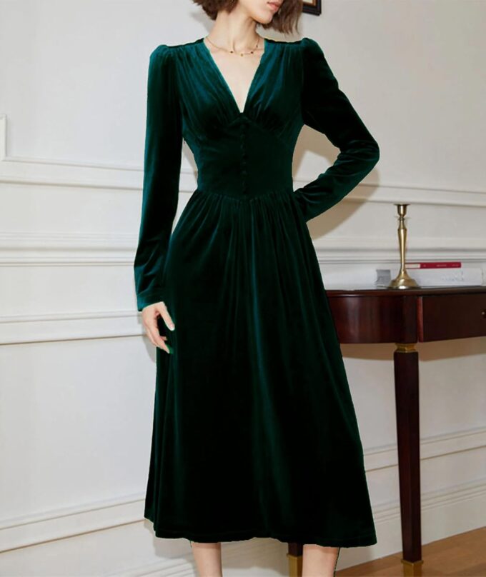 xxxiticat Women's Puff Sleeve Velvet Dress Long Lantern Sleeve V Neck Button Ruffle Pleated Single Breasted Maxi Party Dress – Bild 2