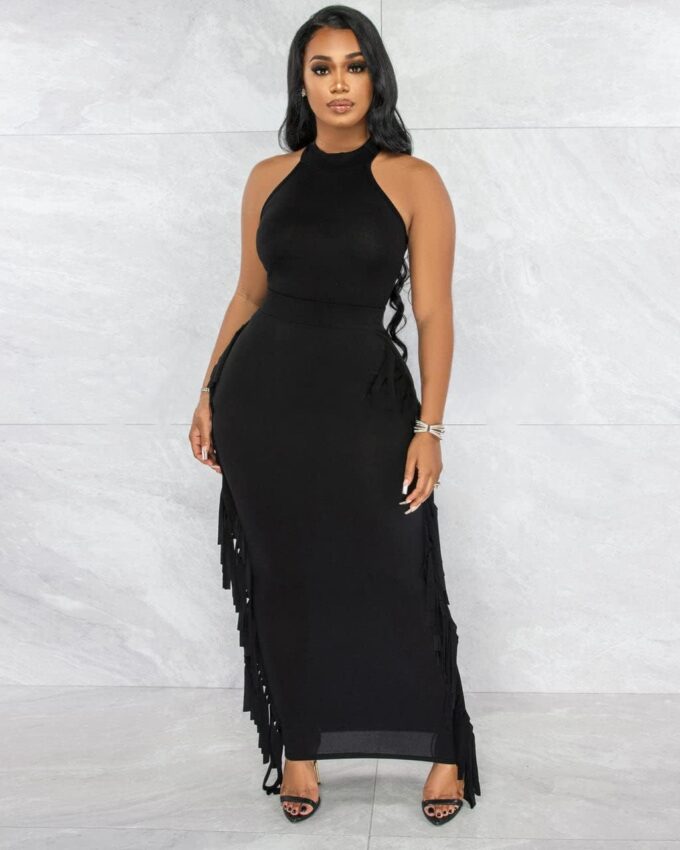 2 Piece Outfits for Women Sexy Halter Neck Sleeveless Crop Tops Ruched Bodycon Dresses Jumpsuits Fringe Skirt Sets – Bild 3