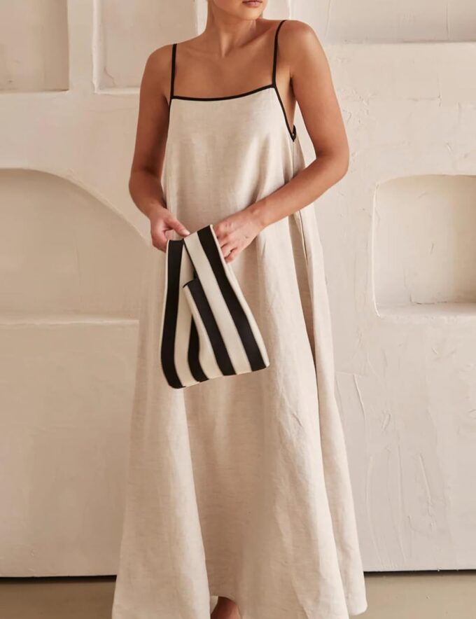 Womens Summer Linen Maxi Dress Contrast Trim Spaghetti Straps Backless Sleeveless Long Flowy Dresses – Bild 5