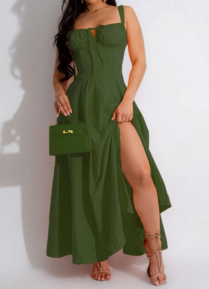 Women Summer Milkmaid Corset Dress Spaghetti Strap Bustier A Line Slit Swing Flowy Dress Casual Beach Vacation Sundress – Bild 2