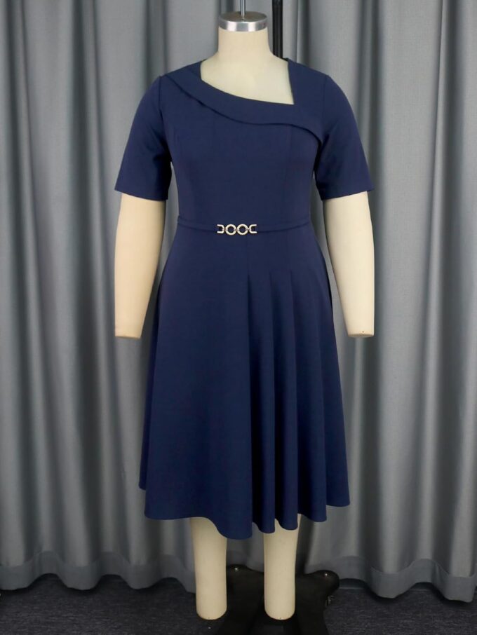 AOMEI Damen-Kleid, marineblau, unregelmäßiger Ausschnitt, kurze Ärmel, Schnalle, A-Linie, lässiges Arbeitskleid – Bild 5