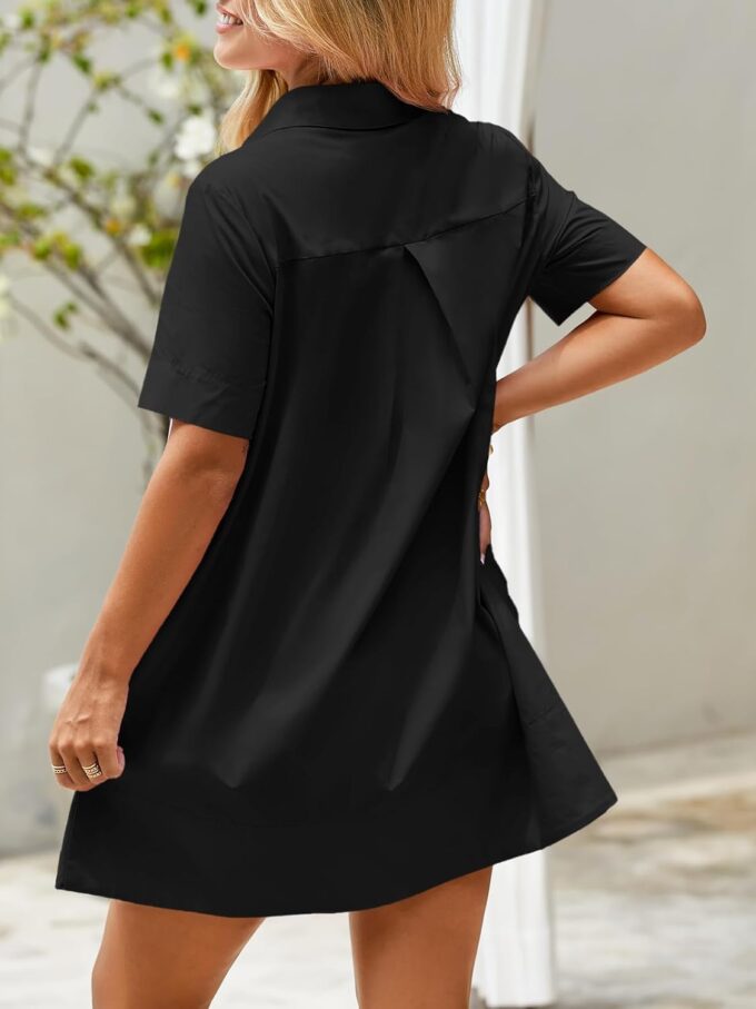 Wenrine Womens Button Down Shirt Dress Oversized Casual Short Sleeve Collared V Neck Summer Mini Dresses – Bild 5