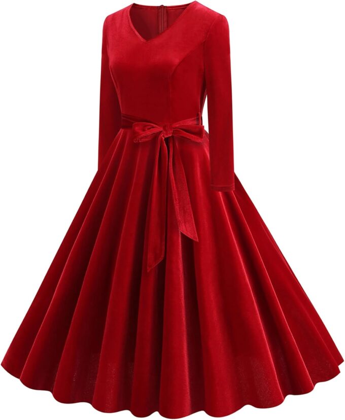 ODOLDI Women's 1950s Retro Vintage Dress Velvet Long Sleeve V Neck Belted Swing Dress Cocktail Dress – Bild 2