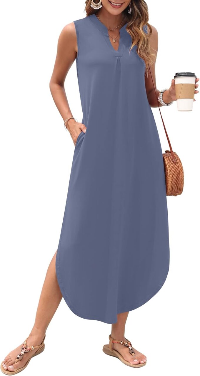 AUSELILY Womens Summer Casual Maxi Dresses 2025 Sleeveless Long Beach Dresses V Neck Loose Sundresses with Side Split Pockets