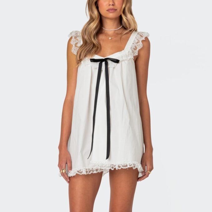 Women Y2K Lace Trim Slip Dress Casual Bow Tie Pleated Ruffle Tunic Dress Summer Outgoing Solid Color Short Sundress – Bild 2