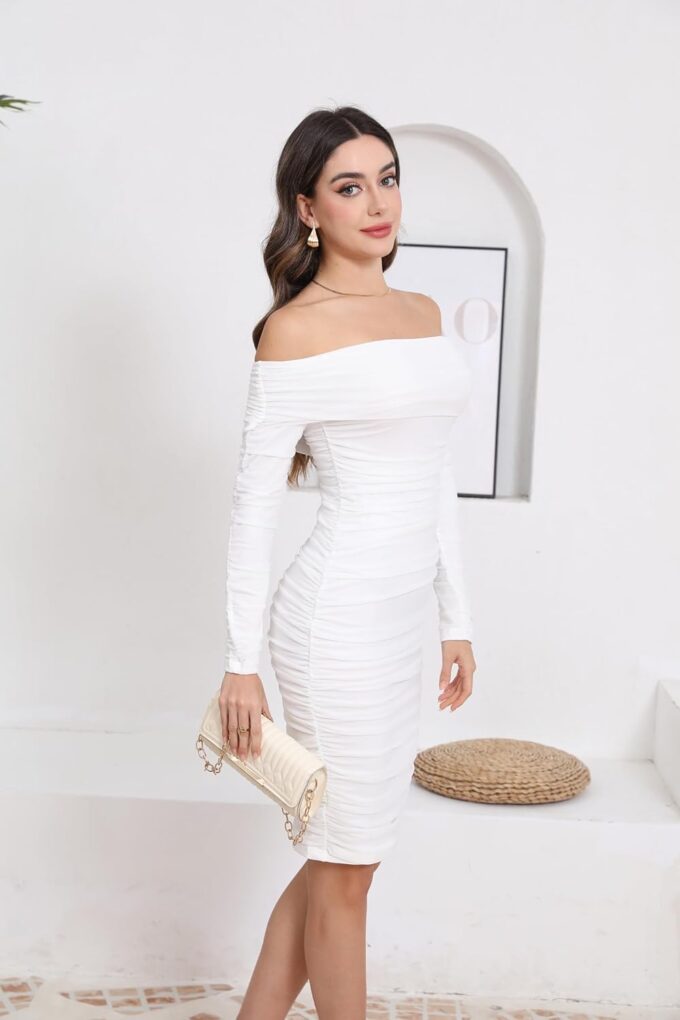 Womens Sexy Off Shoulder Long Sleeve Bodycon Dress Ruched Semi Formal Wedding Guest Prom Dress – Bild 3