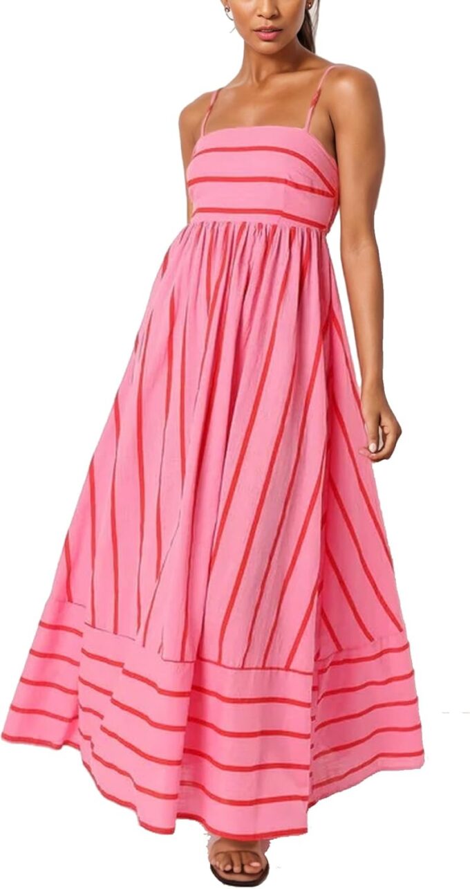 Women's Summer Striped Maxi Dress Spaghetti Strap Sleeveless Smocked Trendy Flowy Beach Long Dresses