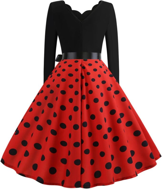 EFOFEI Women's Hepburn Polka Dots Dress Long Sleeve Knee-Length Dress Cocktail Party Evening Dress – Bild 3