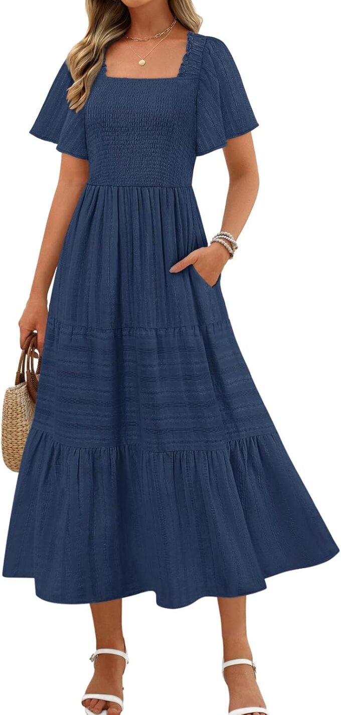 MEROKEETY Women's 2025 Summer Flowy Midi Maxi Dress Short Sleeve Square Neck Smocked Tiered Ruffle Boho Dresses with Pockets