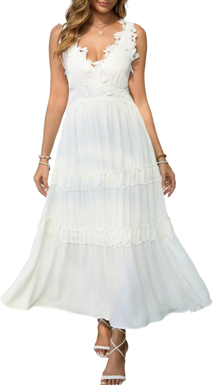 Women's Beach 2025 Maxi Dress Solid Color Boho V Neck Lace Wide Shoulder Strap Long Dresses Sundress with Pockets
