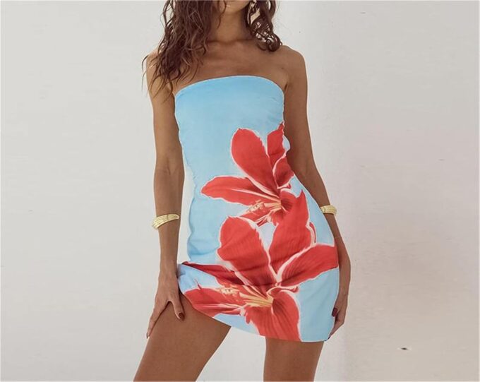 Women Sexy Strapless Floral Pattern Bodycon Tube Mini Dress Summer Skinny Sleeveless Backless Bandeau Tube Dress – Bild 4