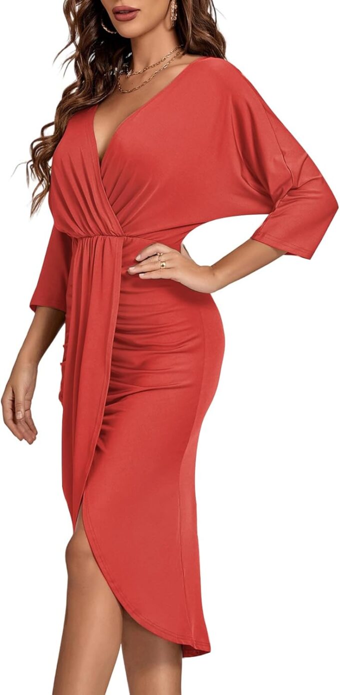 Rooscier Women's Deep V Neck Wrap Slit Hem Ruched Bodycon Sexy Party Midi Dress – Bild 2