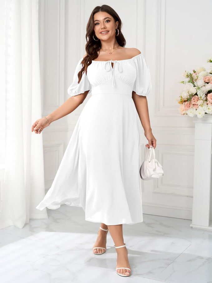 Women's Plus Size Summer Dress Short Sleeve Square Neck Milkmaid Dress Tie Front Split A-Line Maxi Long Dresses – Bild 2