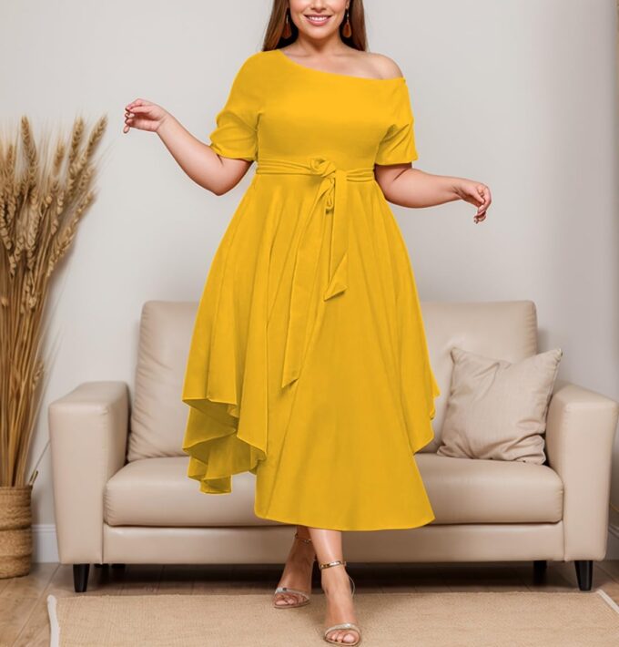 Plus Size Women Wedding Guest Dress Off Shoulder Boat Neck Irregularly Flowy Midi Church Dress – Bild 6