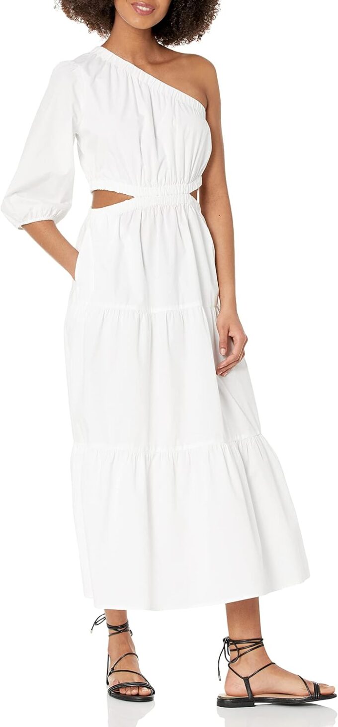 The Drop Women's April One Shoulder Cut-Out Tiered Midi Dress