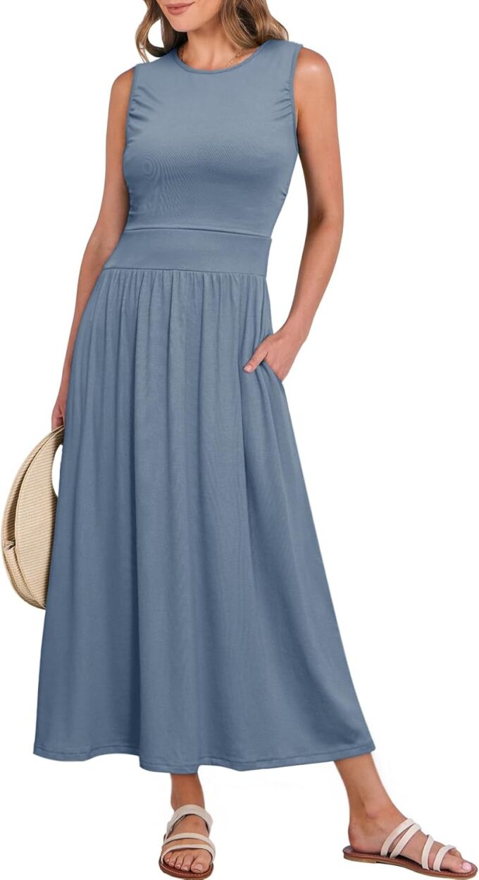 BerryGo Women's Summer Sleeveless 2025 Midi Dress Crew Neck Casual Swing Ruched Flowy Smocked Waist Dress Pockets – Bild 8