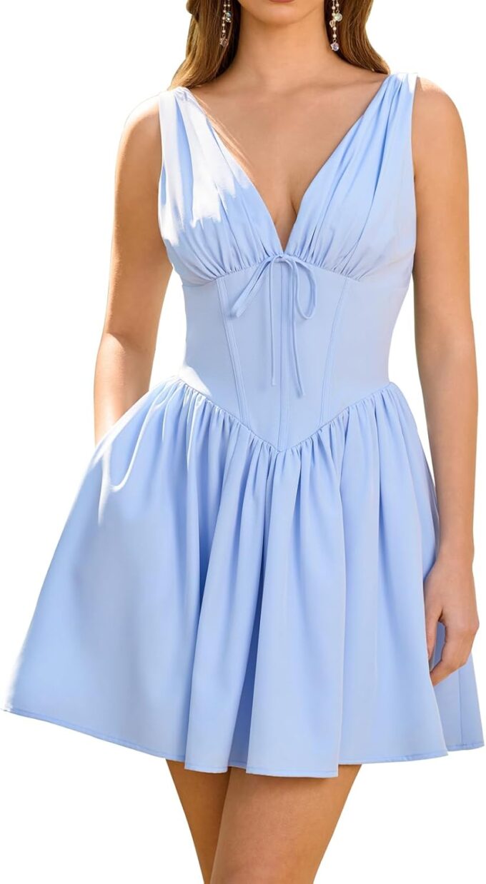 GLNEGE Women Summer Graduation Corset Mini Dresses Casual V Neck Flowy A-Line Cute Going Out Party Dress with Pockets