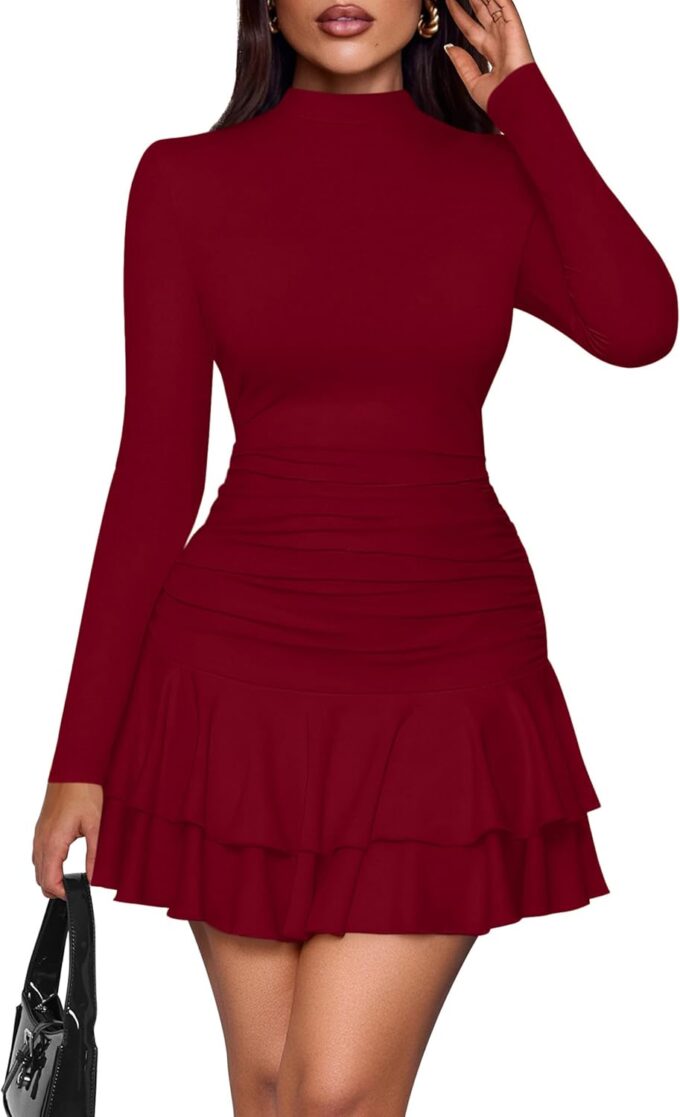 PRETTYGARDEN Women's Fall Long Sleeve Dresses 2025 Mock Neck Ruched Y2K Clothes Ruffle Layered Bodycon Mini Party Dress