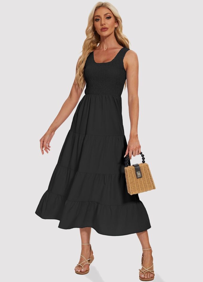 Women's Summer Smocked Maxi Dresses Sleeveless U Neck Ruffle Hem Tiered A Line Flowy Dress – Bild 3