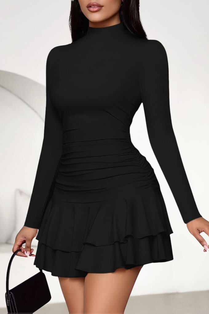 PRETTYGARDEN Women's Fall Long Sleeve Dresses 2025 Mock Neck Ruched Y2K Clothes Ruffle Layered Bodycon Mini Party Dress – Bild 8