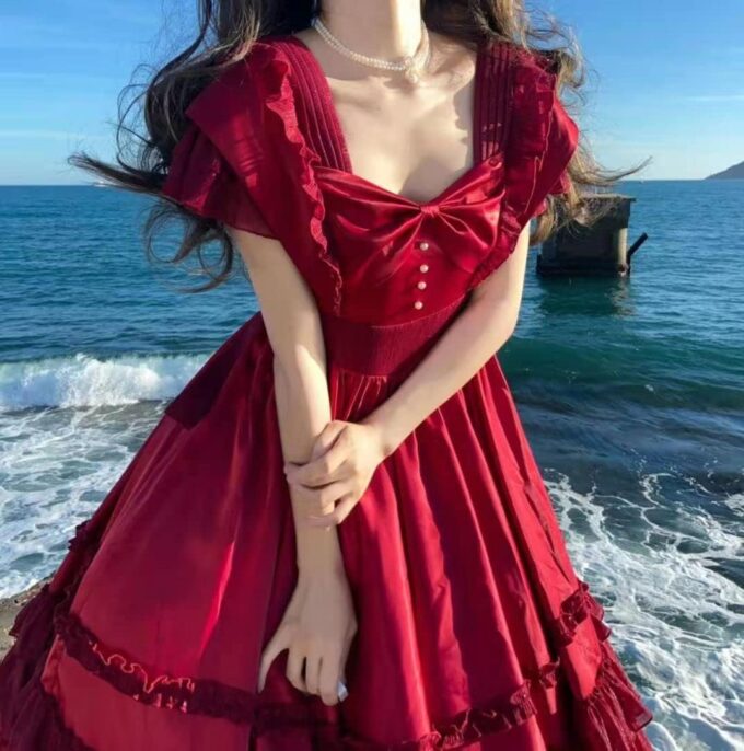 ZZEQYG French Solid Color Elegant Court Dress Short Sleeve Ruffled Big Swing Dresss – Bild 3
