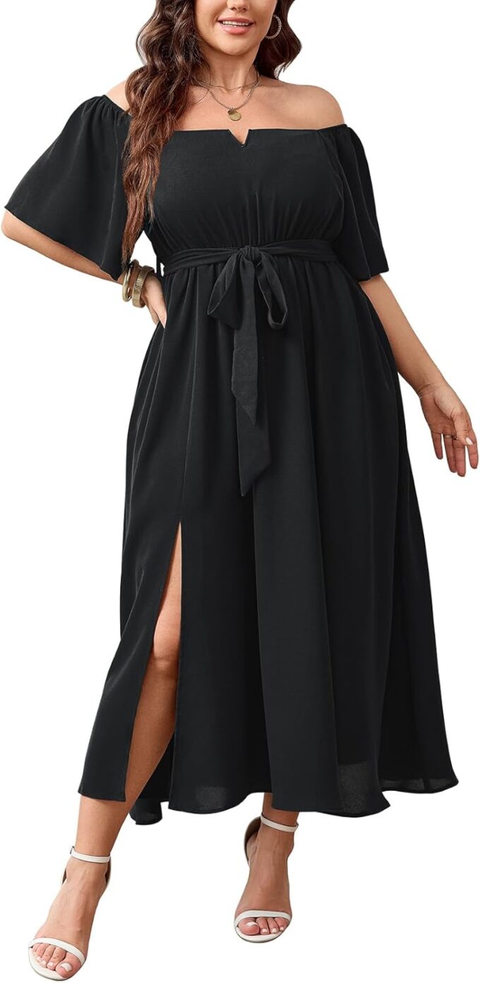 SCOMCHIC Womens Plus Size Formal Maxi Dress Off The Shoulder Wedding Guest Cocktail A-Line Split Long Dress with Pockets