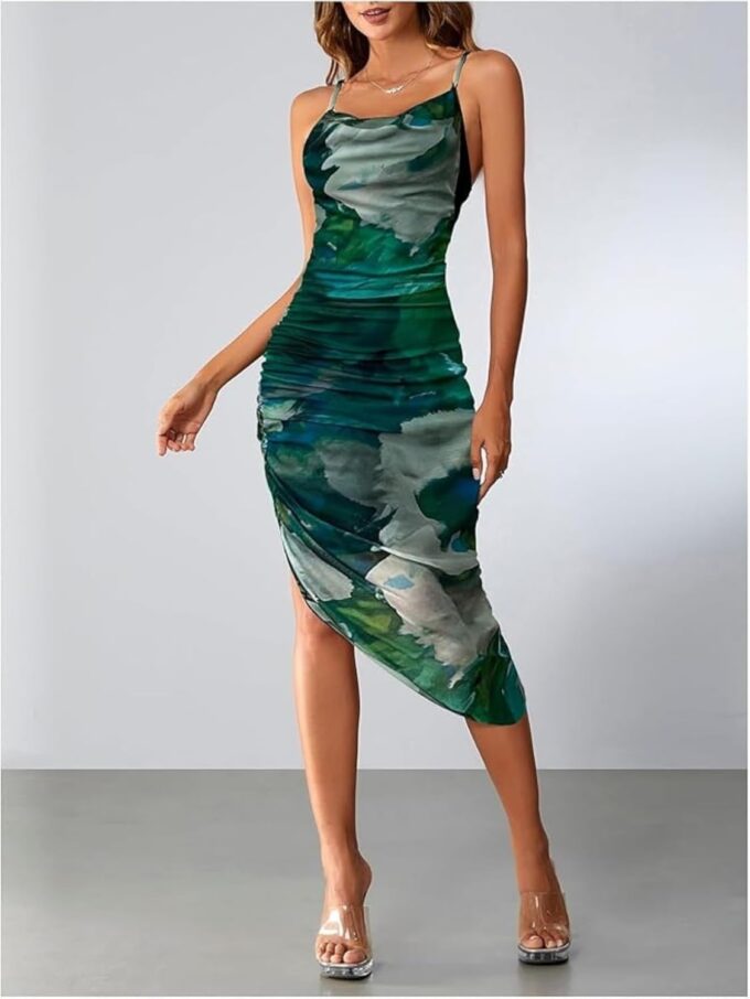 Women's Long Backless Tie Dye Bodycon Cami Dress with Cowl Neck and Split Hem Dress – Bild 6